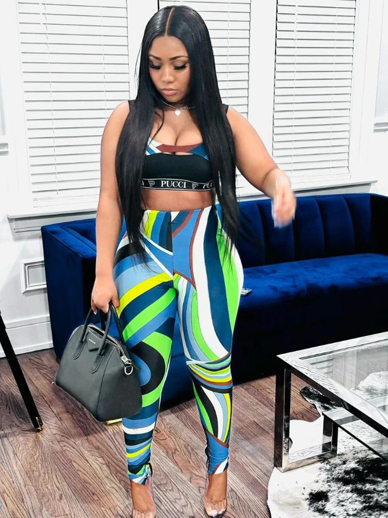 STYLISH LADY Contrast Color Striped Printed 2 Piece Set Women Sleeveless Crop Top and Pant Suits 2024 Summer Sports Tracksuits