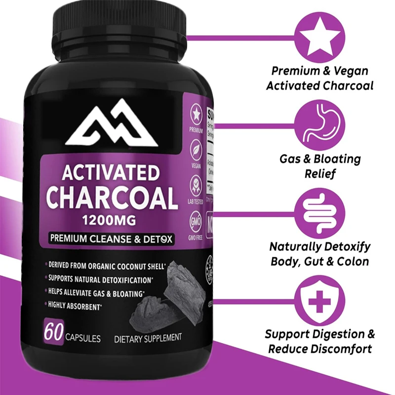 Activated carbon capsules clean and detoxify organic coconut charcoal, used to relieve stomach gas and bloating