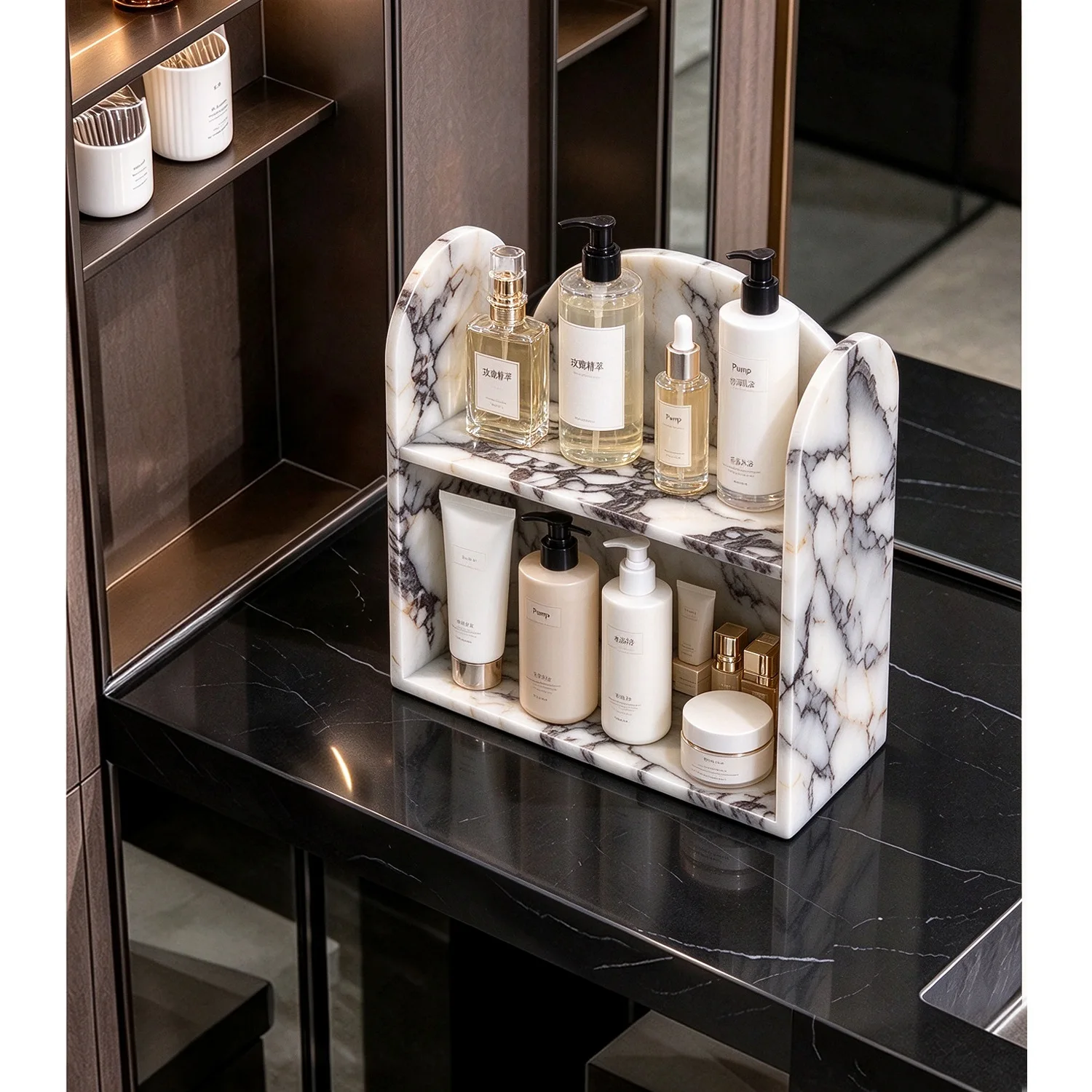 2-Tier Calacatta Viola Marble Corner Storage Rack Luxury Bathroom Vanity Organizer Countertop Cosmetic Perfume Display Shelf