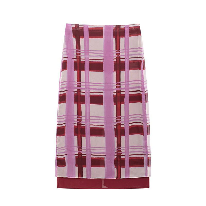 Ticketsx Plaid Contrast Print Skirt For Women High Waist Patchwork Summer 2025 Slim Dress Female Fashion Office Lady Slit Skirt