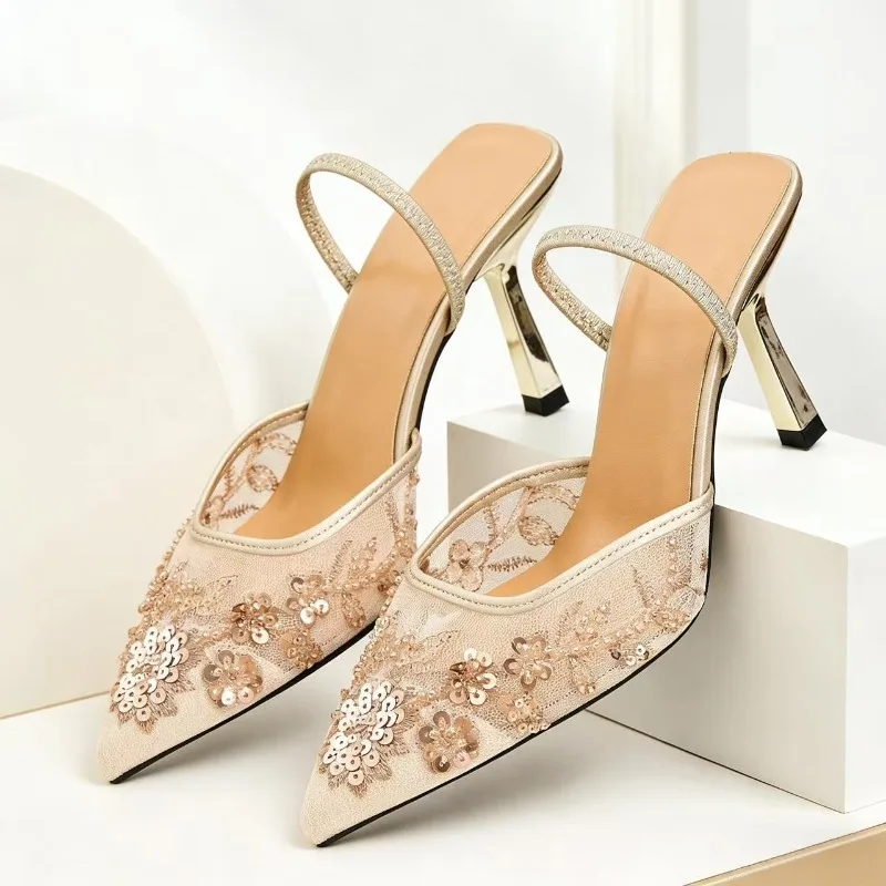

Блестящие босоножки-мюли на высоком каблуке с сетчатыми бусинами, женские туфли-лодочки с острым носком, размеры до 44, роскошные вечерние туфли для торжеств