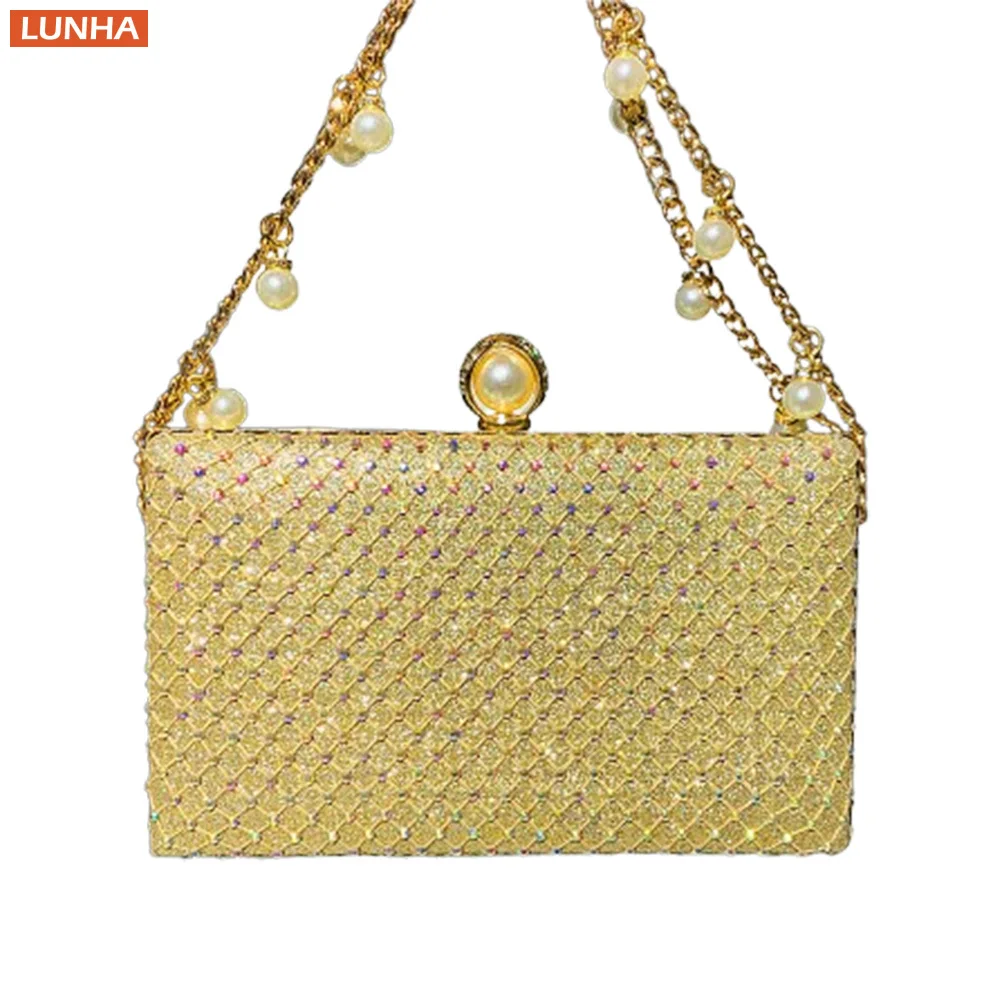 

Женская роскошная вечерняя сумочка-клатч со стразами и жемчужной цепочкой, сумка-минодьер с бриллиантами для банкета, вечеринки
