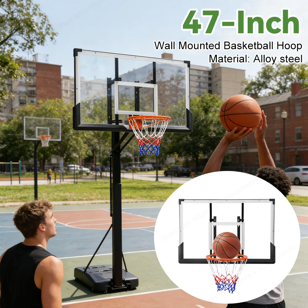

47" Wall Mount Basketball Goal Shatterproof Polycarbonate Backboard for Adults Teens Garage Indoor Outdoor Play