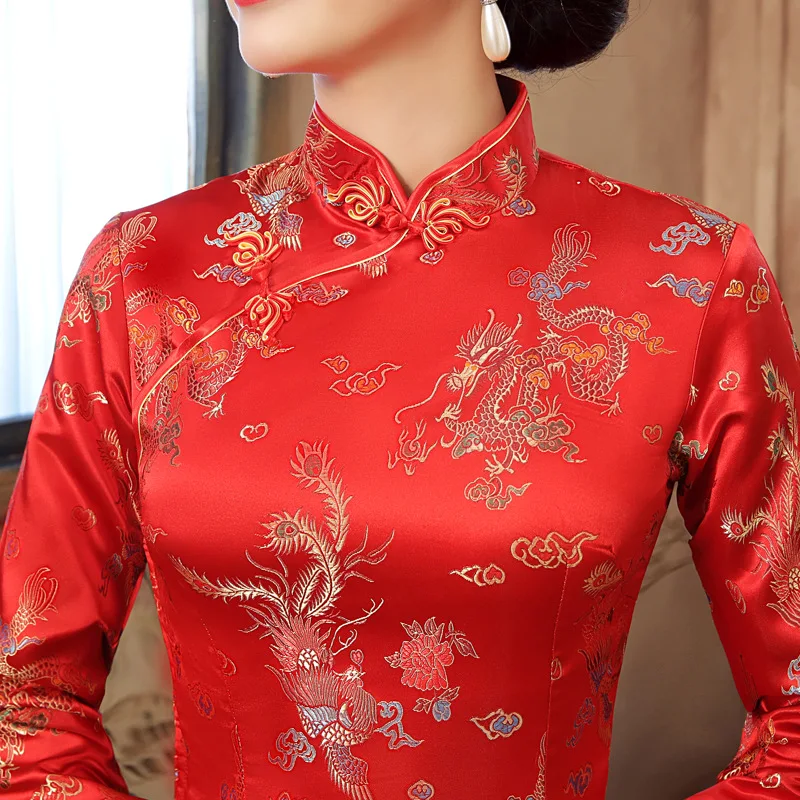 

PLUS SIZE 3XL Female Long Sleeve Qipao Cheongsams Satin Dragon Chinese Style Long Dresses Elegant Vestidos Evening Party Dress