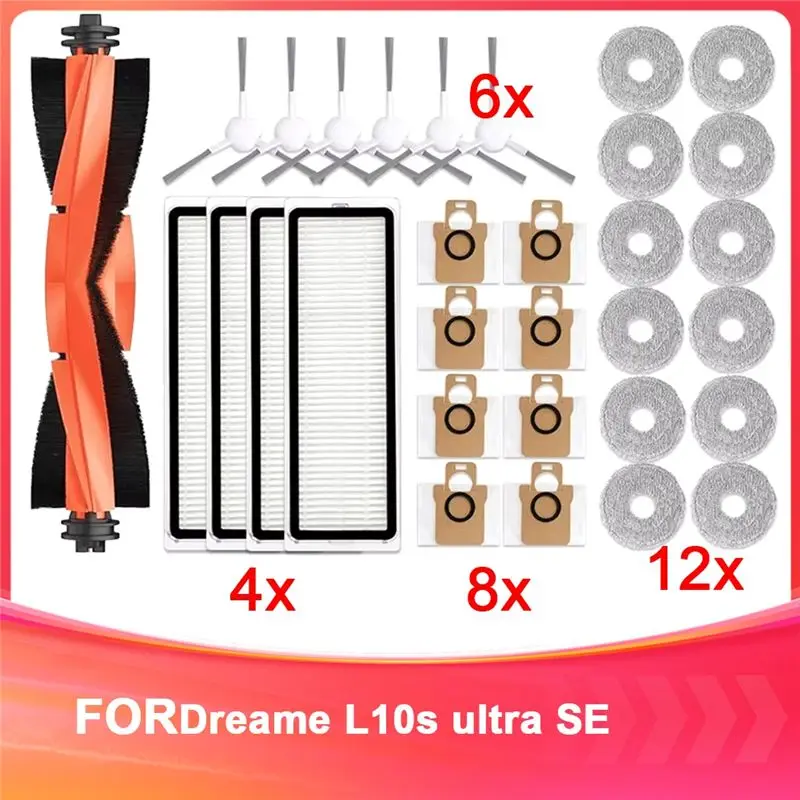 

Запасные части для робота-пылесоса Dreame L10s Ultra SE: резиновые основные и боковые щетки, салфетки для влажной уборки, HEPA-фильтры, мешки для сбора пыли, аксессуары.