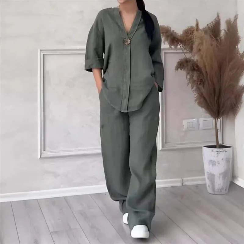 

Модный однотонный хлопковый льняной повседневный брючный костюм женский с длинным рукавом и v-образным вырезом блузка топ широкие брюки комплект из 2 предметов женские повседневные комплекты