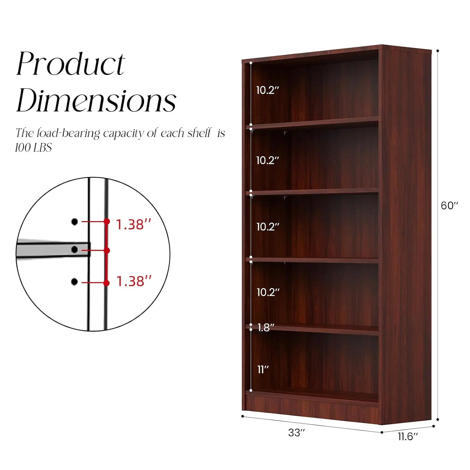 60 Inch 5-Shelf Wood Bookcase Adjustable Storage Organizer for Home Office Study Room, Mahogany, Customized