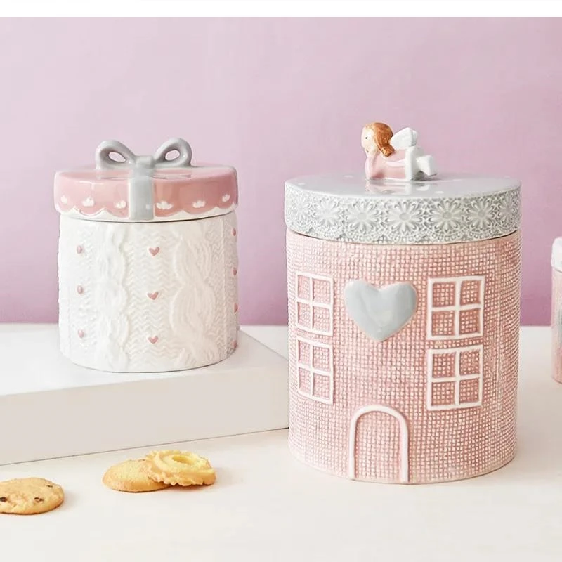 European cute angel pink ceramic sealed jar Kitchen storage container Household Wedding chocolate candy