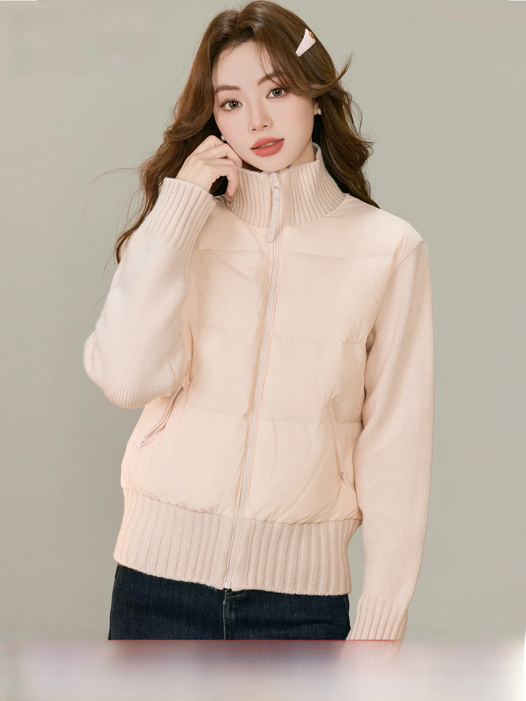 

Pink Knitted Patchwork down Jaet Women's Winter ort Coat Small Size Age Reduction Cute Sle Thiened Long Sve Zipper