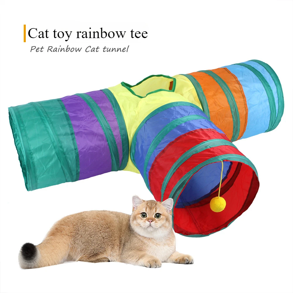 Cat Channel Pet Cat Rainbow Three Way Tunnel Toy Drill Bucket Foldable Runway