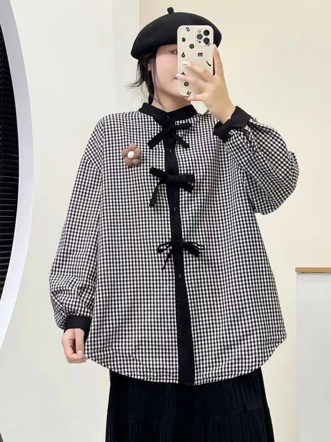 

[Ready Stock] High Quality Women 100% Cotton Yarn Blouse Shirts Stand-Up Neck Bow Placket Casual Medium and Long Tops