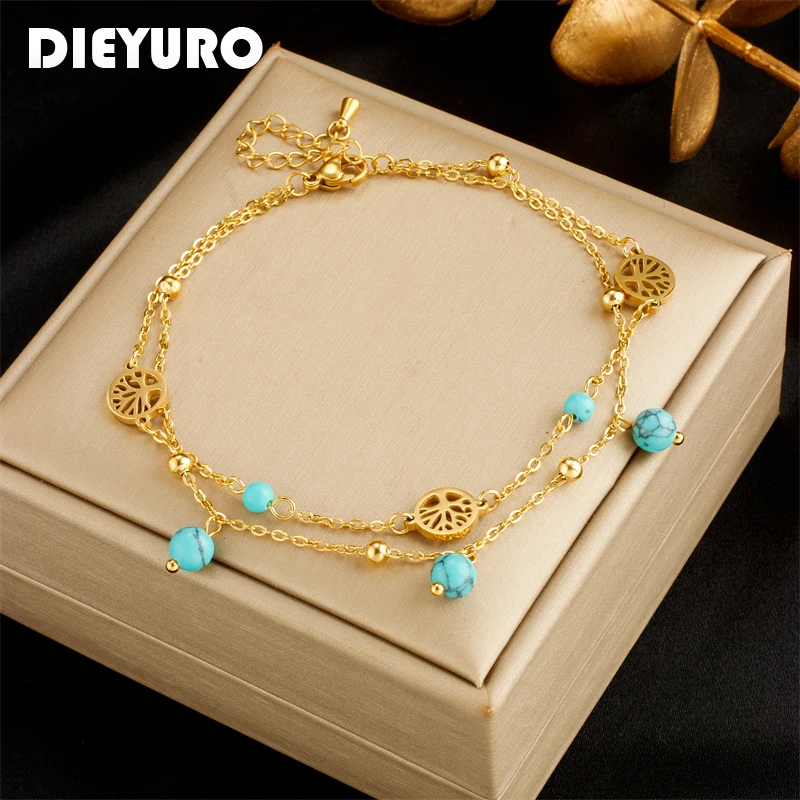 DIEYURO 316L Stainless Steel Multilayer Round Tree Green Stone Anklets For Women Girl New Trend Leg Chain Waterproof Jewelry