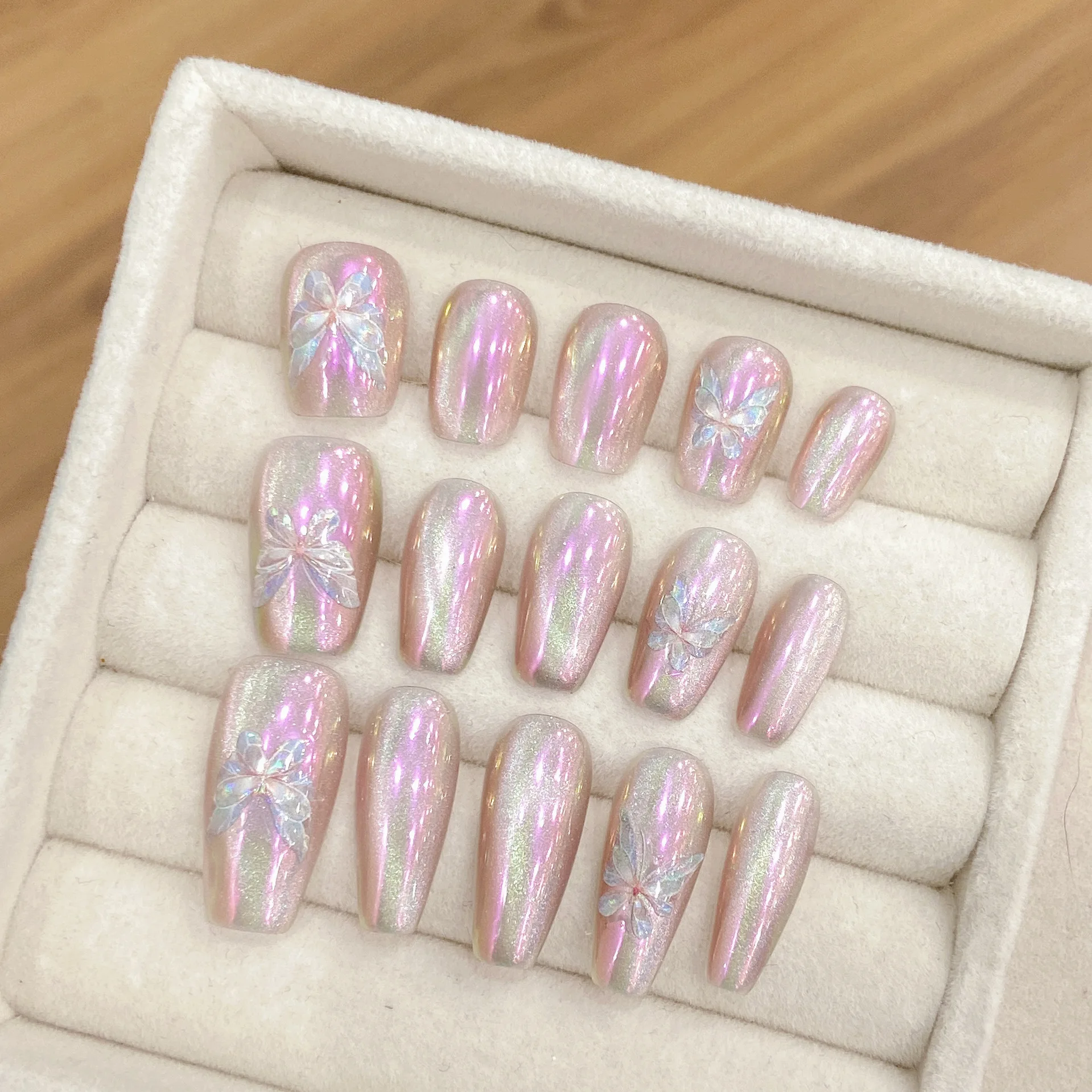 

10pcs Handmade Press on Nail Aurora Butterfly Fairy Fake Nails Ballet French False Nail Tips for Manicure