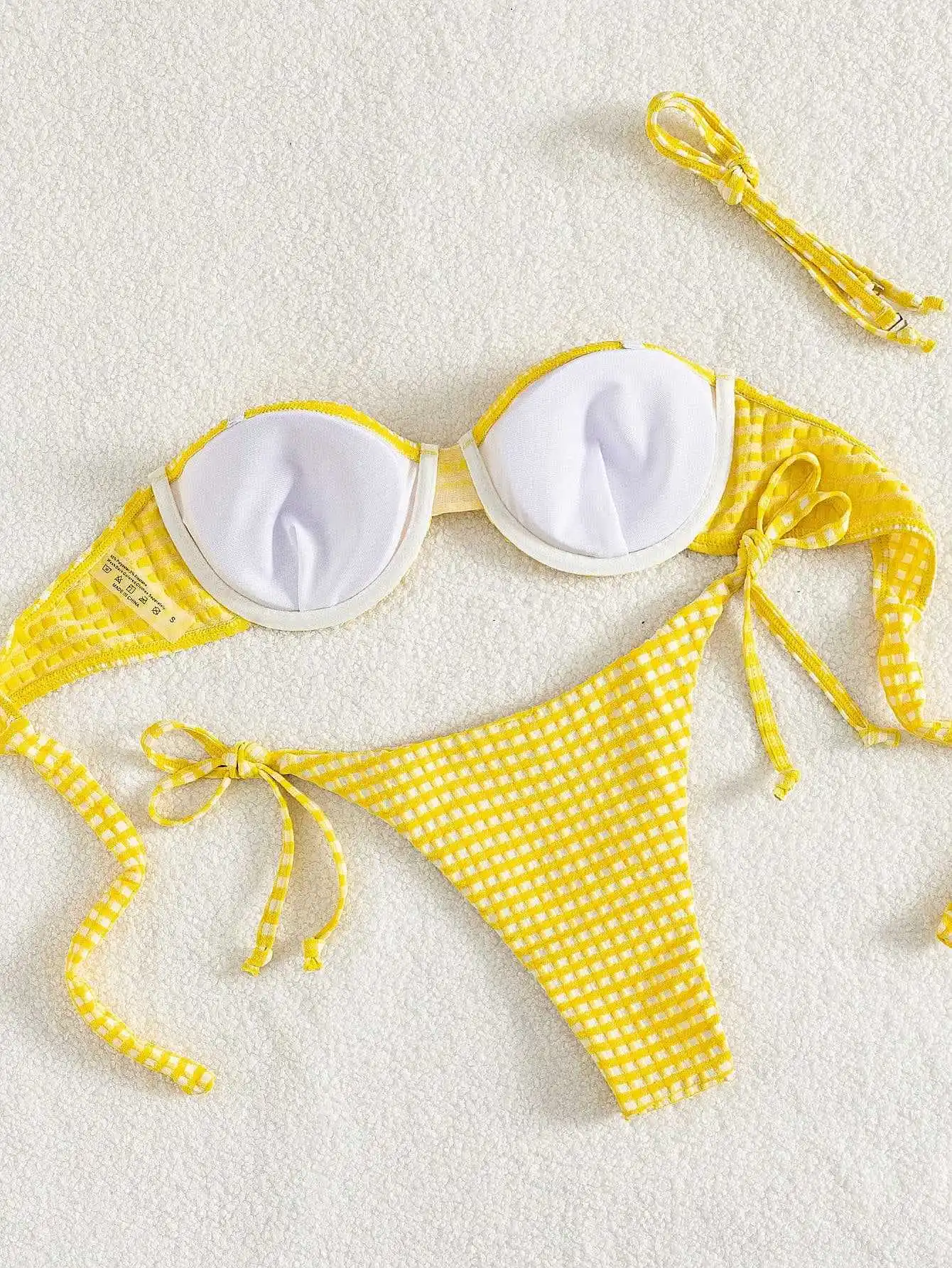 sexy yellow plaid push up back tie micro bikinis sets two pieces thong swimsuits bathing suit swimwear biquini tankini trikini