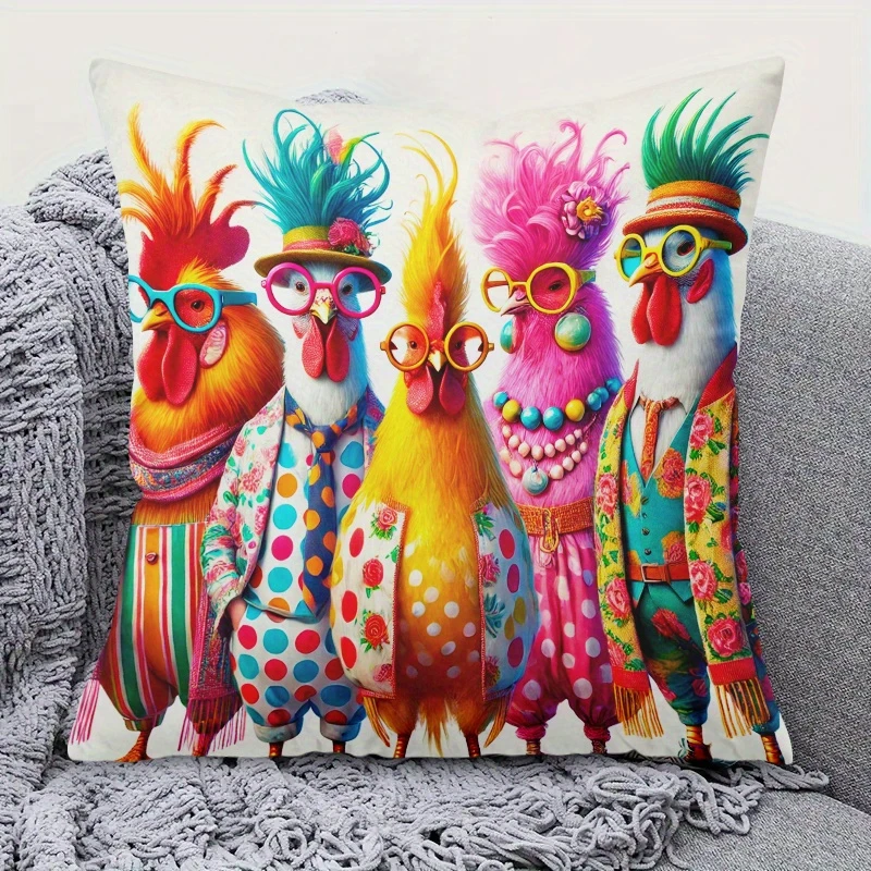2D flat-Funky Fashion Rooster Throw Pillow Cover,Vibrant Anthropomorphic Chicken Decorative Pillow Case