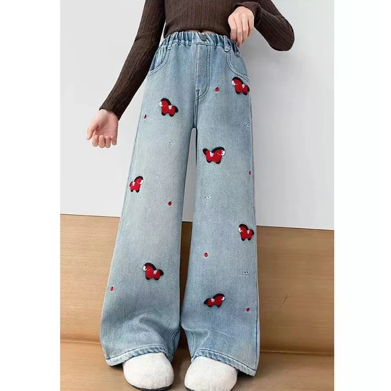 Spring Autumn New Girls Denim Pants Cartoon Pony Embroidery Wide Leg Jeans For 5 6 8 10 12 14 Years Teen Girls Stylish Trousers