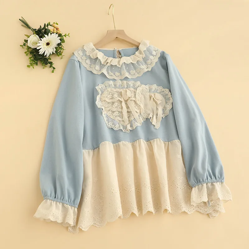 New Mori-style Round Neck With Lace Trim Heart Shape Blouse Soft Versatile Cotton Long-sleeve shirt
