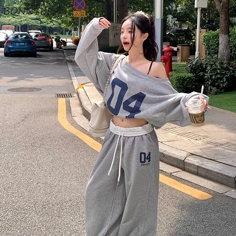 

Комплекты брюк, женские толстовки с открытыми плечами с принтом, 2 предмета, уличная одежда с напуском для студентов, универсальные популярные осенние наряды Ulzzang