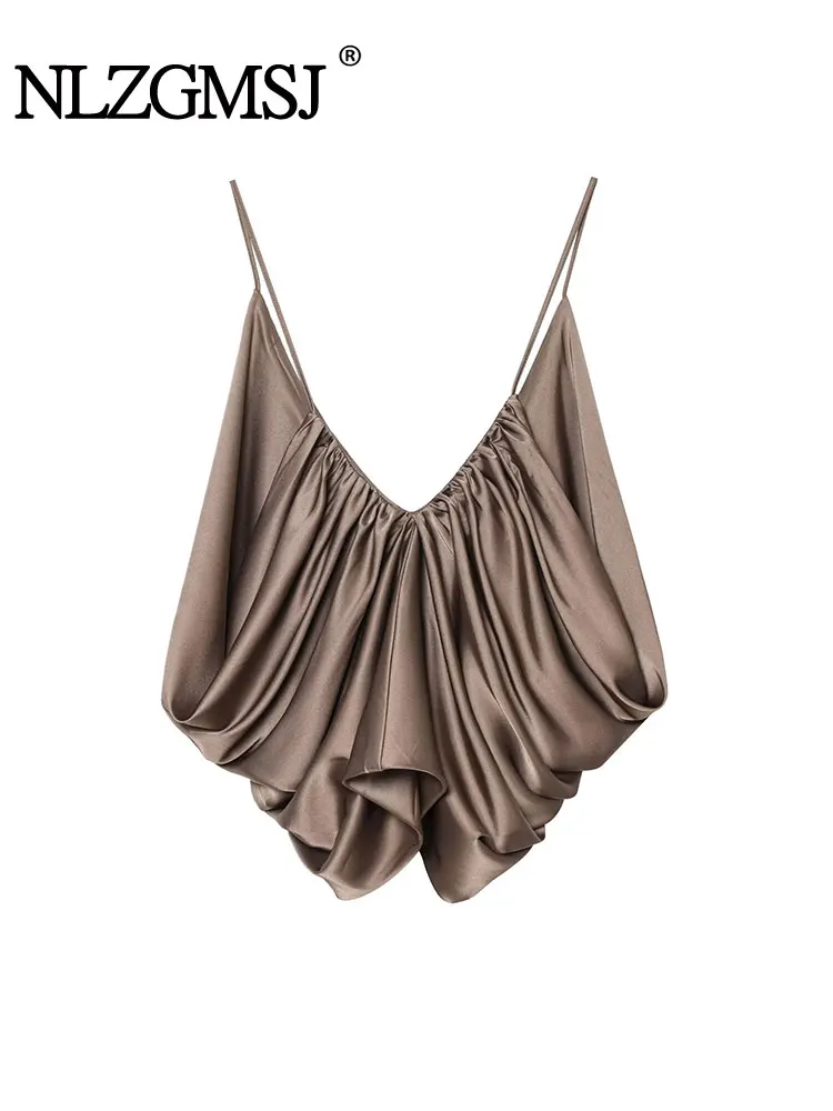 

NLZGMSJ Women Camis 2026 Spring V Neck Sleeveless Backless A-Line Ruffles Crop Top Y2K