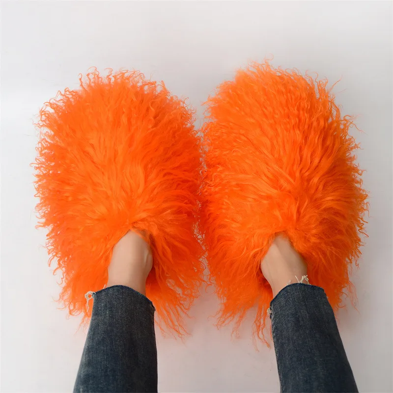 New Arrival Winter Fashion Fur Slippers Shoes Long Curly Hair Fluffy Women Fur Slides Sandals