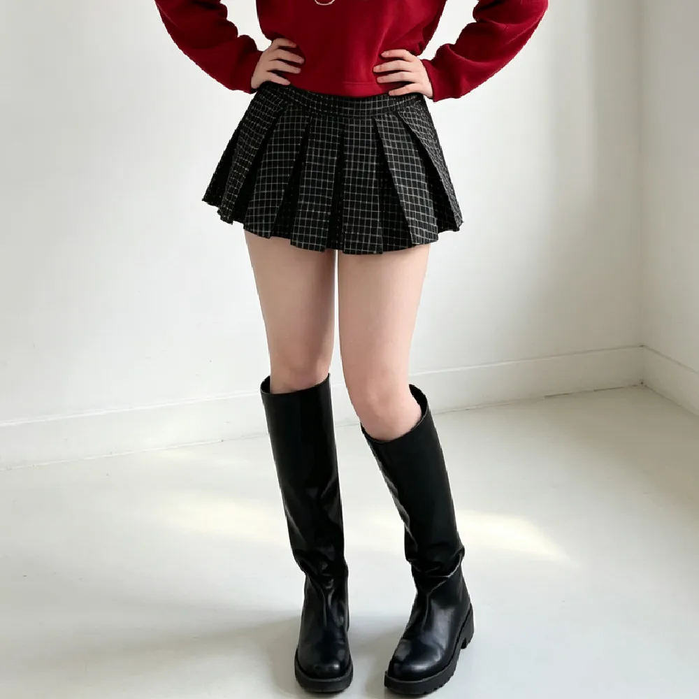 Women Gingham Plaid Mini Pleated Skirt The Spice Girls Ruched Hem A-line Short Skirts With Shorts Lining Zipper Waist Bottom
