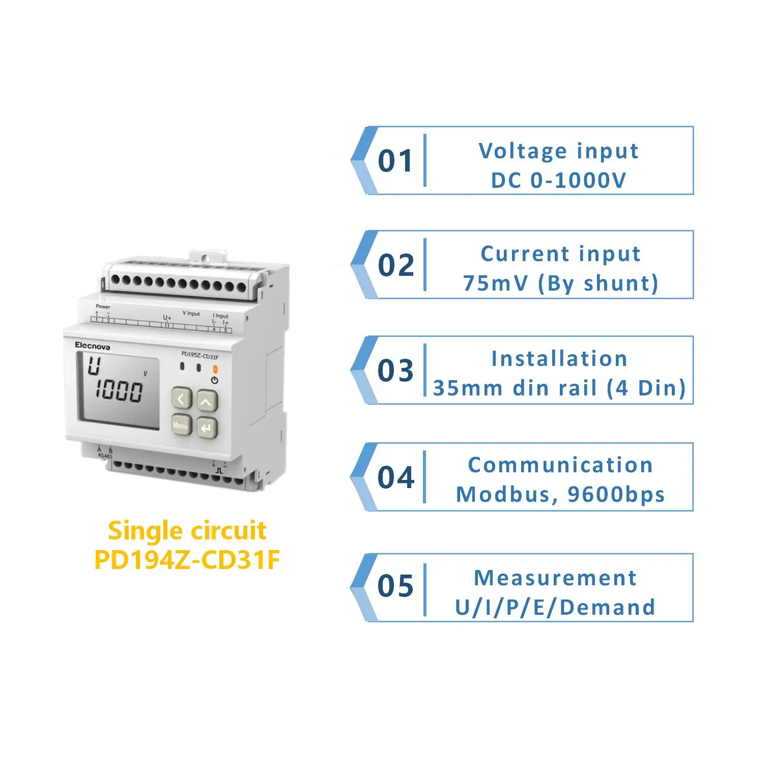 DC1000V high accuracy measuring 75mV shunt sensor multi function din rail kwh energy meter