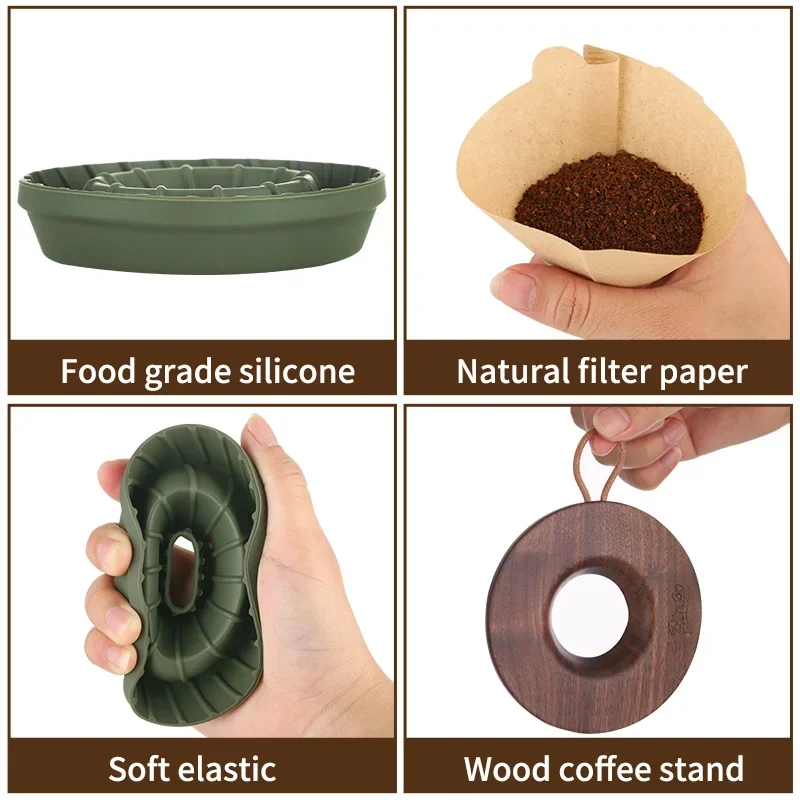 Portable Coffee Filter Cup Set Silicone Coffee Dripper Pour Over Cone Dripper Set with Walnut Wooden Base for Outdoor CampTravel