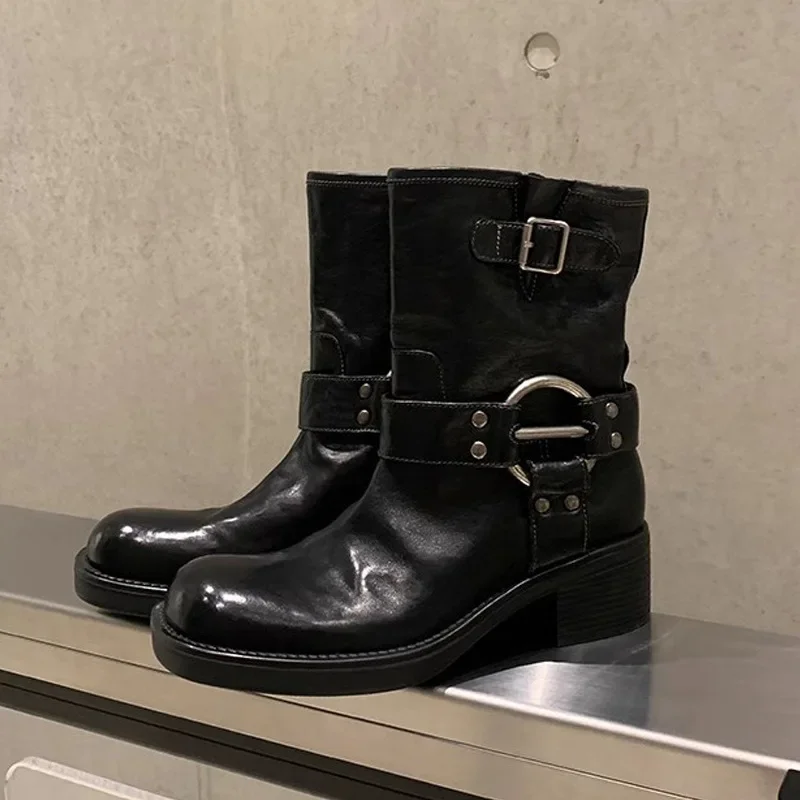 

Ковбойские сапоги в стиле ретро с металлической пряжкой, женские ковбойские сапоги из искусственной кожи, 2022, ботинки для верховой езды на среднем каблуке, обувь до середины икры с внутренней высотой