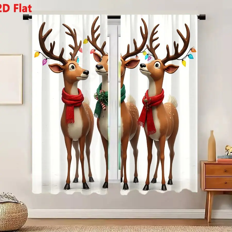 2Pcs Curtains 2D Flat Three Animated Reindeer With Brown Fur White Underbellies Spots Large Expressive Eyes Red Green Scarves An