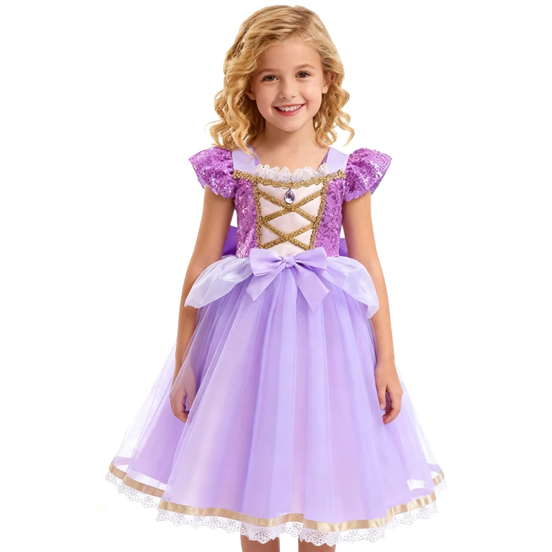 Girl  Princess Dress Children's Costume Puffy Skirt Cinderella Ball Gown Carnival Party Long Dress Purple Sequin Clothes Gift