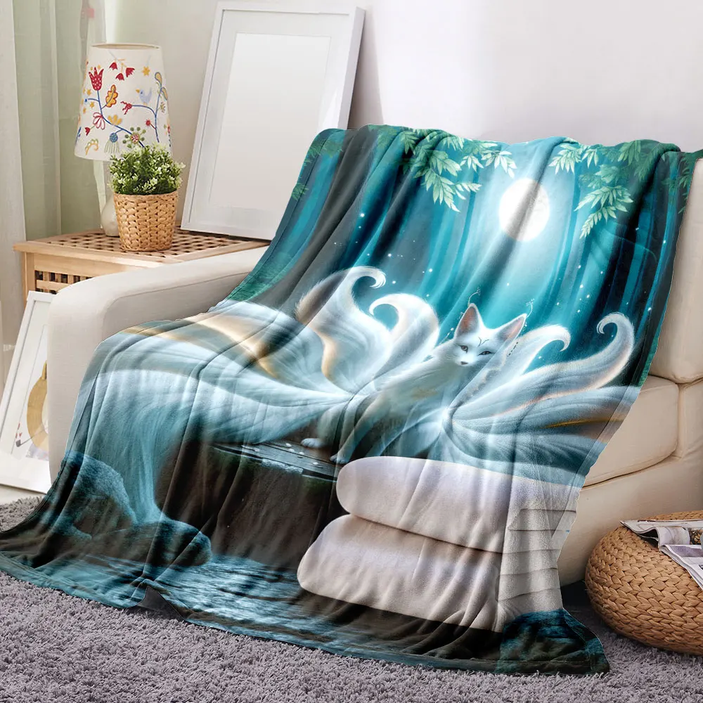 Enchanted Forest Moonlit Fox Blanket - Light Pink/White Soft Folded Throw with Magical Firefly Sparkles, Ideal for Cozy Nightsta