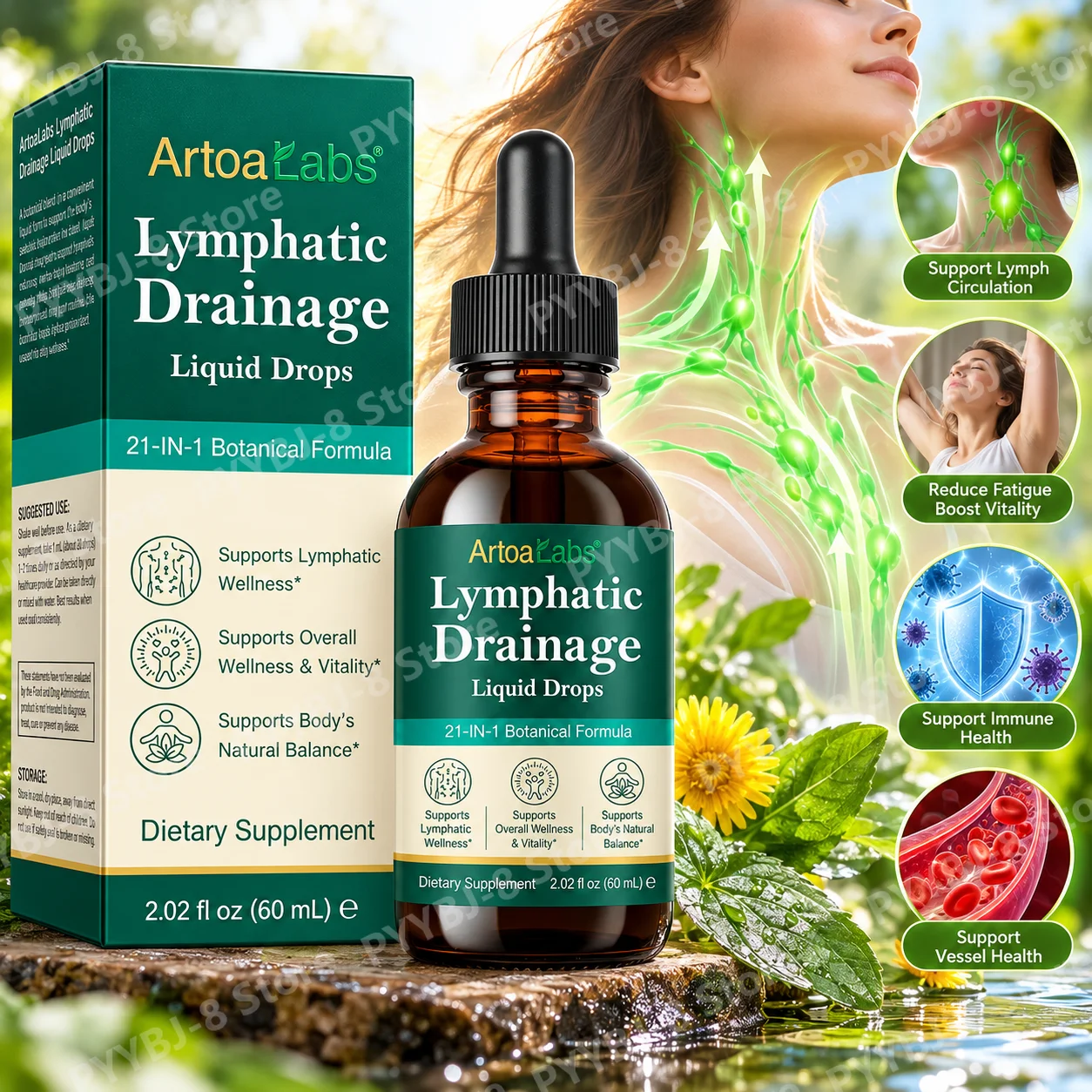 Lymphatic Drainage Liquid Drops,Support Lymph Circulation,Reduce Fatigue,Boost Vitality,Support Immune & Vessel Health,60ml