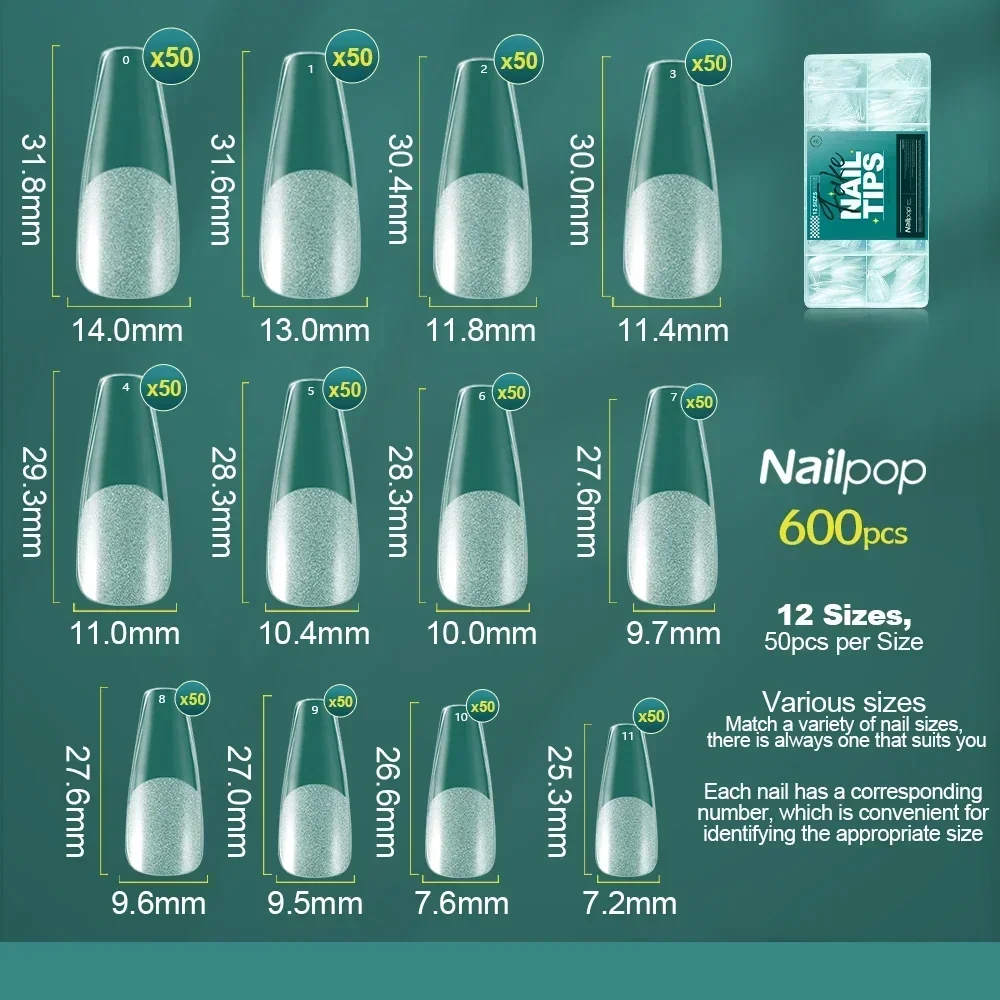 NAILPOP Punte per unghie in gel morbido 600 pezzi Pre-Buff Copertura completa Bara Mandorla Punte per estensione delle unghie a forma ovale Gel semi opaco X Unghie finte