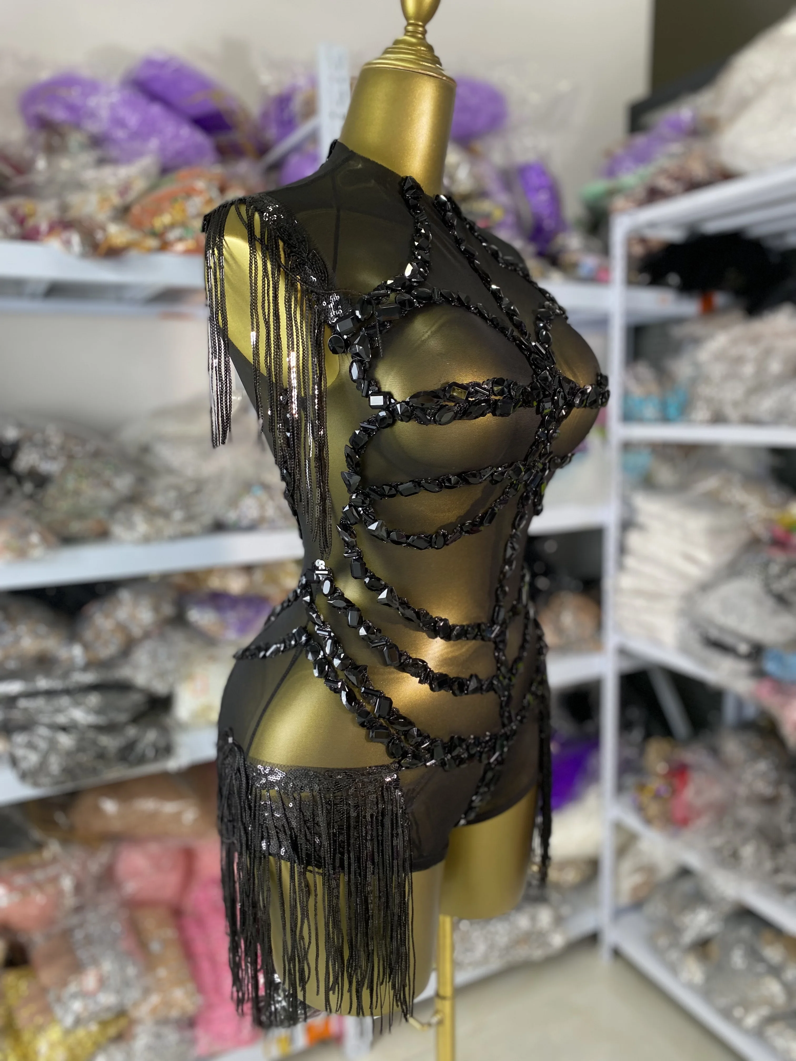 Wanita Seksi Hitam Berlian Imitasi Rumbai Jala Tipis Melihat Melalui Pakaian Bermain Penyanyi Penari Pertunjukan Kostum Panggung Merayakan Pesta Klub Malam