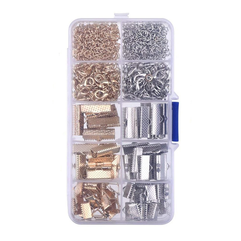 

370pcs Lobster Buckle Extension Chain Fastener Clasps Plated Ribbon Ends Textured Crimp Clamps Cord Ends Zipper Clips Jewellery