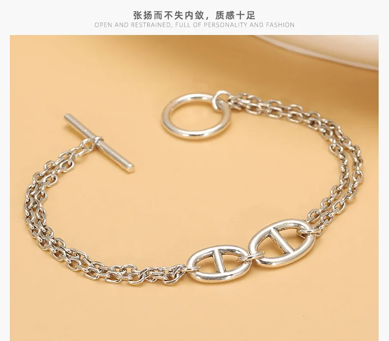 S925 Silver OT Buckle Pig Nose Bracelet Korean Edition Thai Silver European and American Texture Heavy Industry Retro Trendy Sil