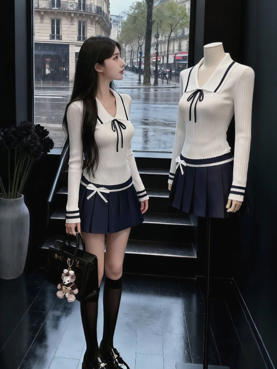 

Unique Knitted College Sle Set Beautiful f Skirt And Top Outfit Comfortable Spring Faion for Women Ages 8-25