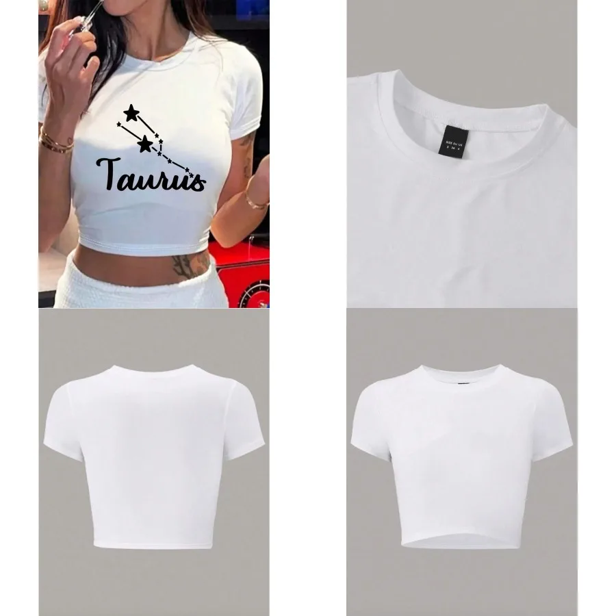 【Nuevo estilo】Camisetas cortas con cuello redondo y manga corta con temática del zodiaco Tauro, camisetas básicas y tops cortos con gráficos para mujer de verano