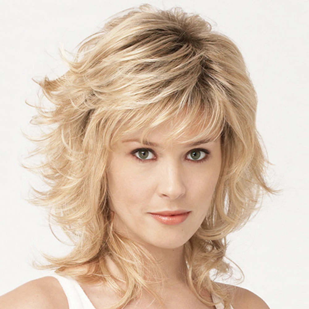 

Short Natural Synthetic Wigs with Bangs for Women Mixed Blonde Gold Curly Soft Hair Daily Use Costume Party Holiday Festivals