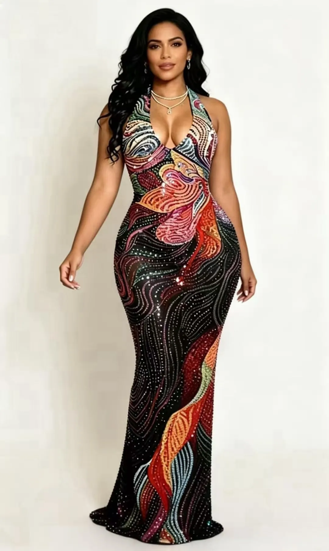 Sexy Colorful Rhinestone Dress Halter Deep V Neck Backless Bodycon Women Birthday Evening Party Club Stage Costume image 3