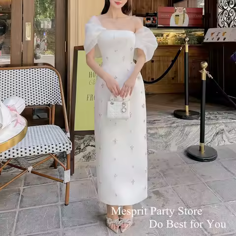 Ivory Party Gown Customized Luxury Beads Stones Straight Saudi Evening Dress Graduation Cocktail Dresses Ankle Length