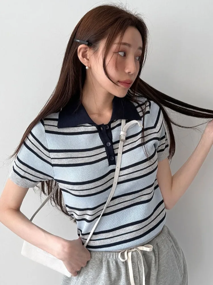 

Faionable Striped Ne Knitted Top Women Summer Slim Fit ort Sve Versatile T-irt ort Sle Upper Apparel