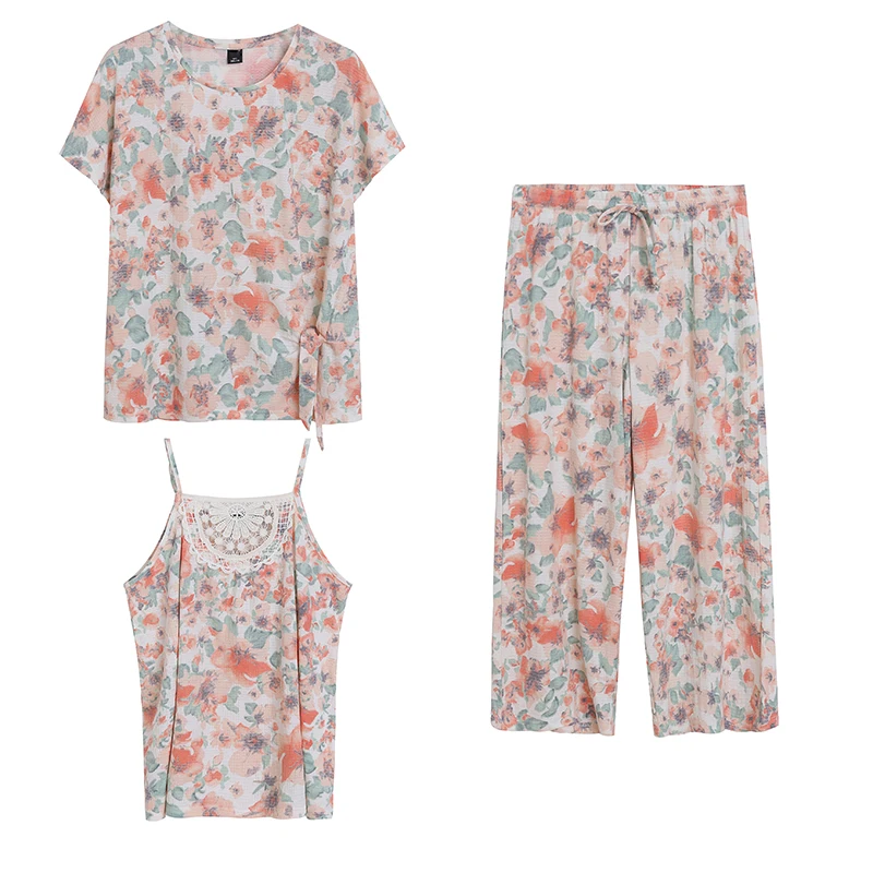 

Sweet Floral Print round Neck Short Sleeve Home Clothes Loose Slimming Lace Splicing Vest Straight Leg Pants Set for Women