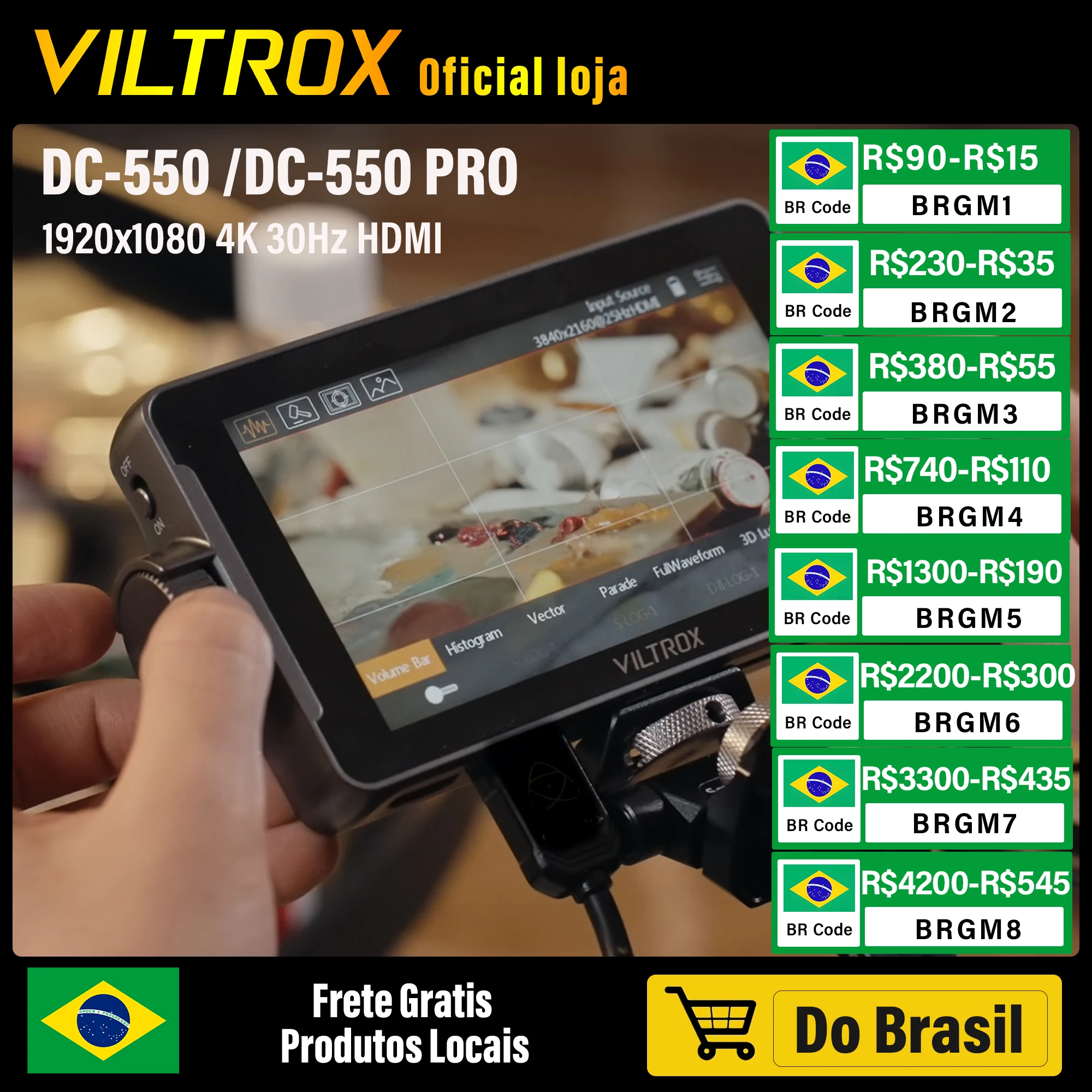 VILTROX DC-550 Monitor Profissional para Estúdio de Câmara, Monitor de Campo Director, LUT 3D, HDMI Touch Screen, 4K, 30Hz, 5.5 ", 1920x1080