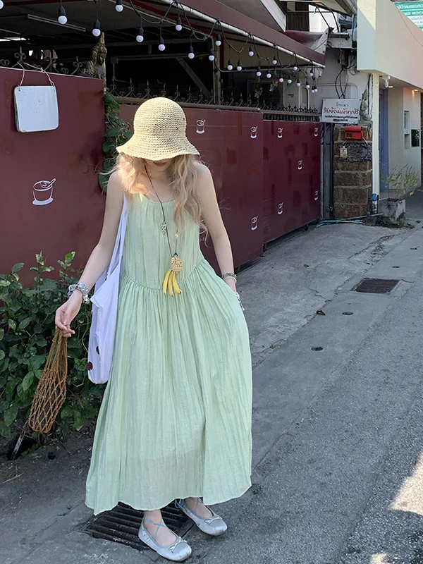 

Sweet Soft Light Green Vest Dress Women's Summer New Waist Cinching Vacation Style Sleeveless Long Dress plus Size Clothing