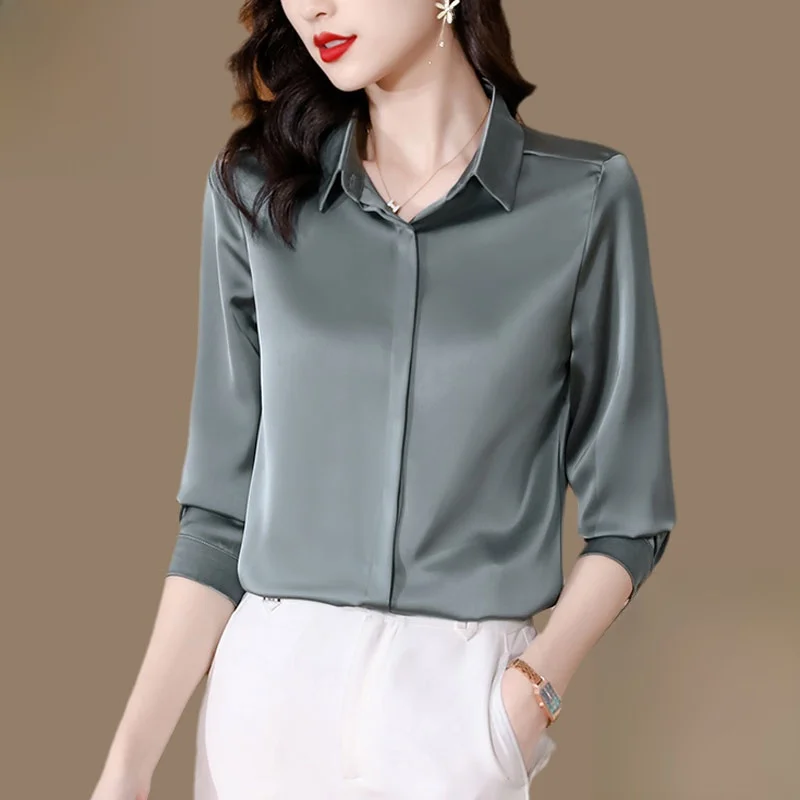 Ele Long Sve Silk irt Damen Premium Quali Satin Top Profional Sle Herbst Frühling Neues Design Kragen Po...