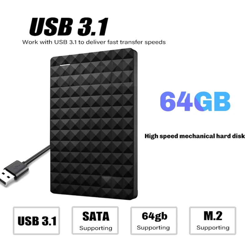 Unidad HDD de expansión Disco duro externo portátil de 64 GB Compatible con USB 3,1/USB 3.0 Disco duro externo portátil de 2,5"