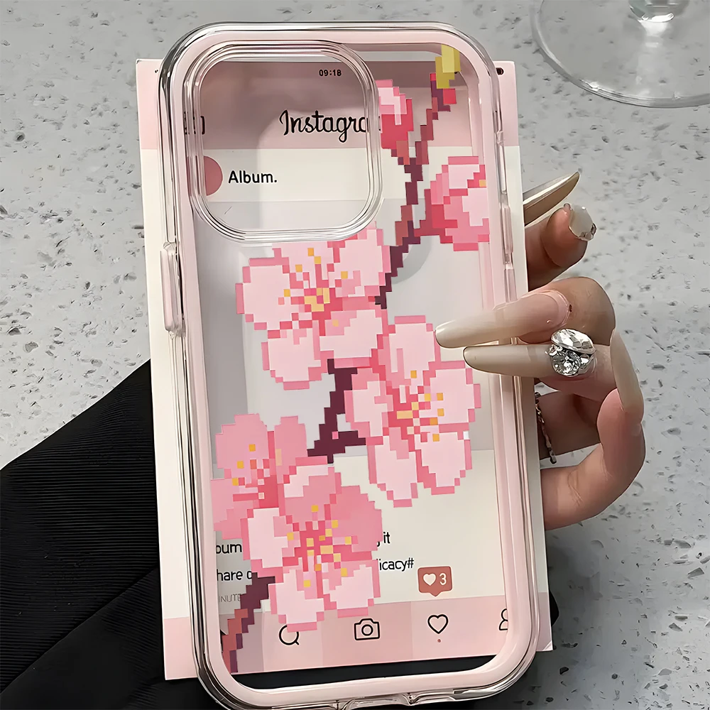 Samsung Galaxy S24 - Pink Pixel Cherry Blossom Pattern 2in1
