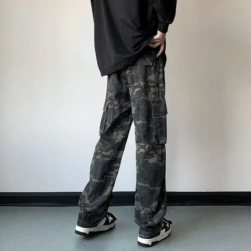Mit Taschen Herren Jeans Camouflage Hose Weites Bein gestapelt Weiche japanische Street Style Y 2k Vintage Casual Männliche Cowboyhose