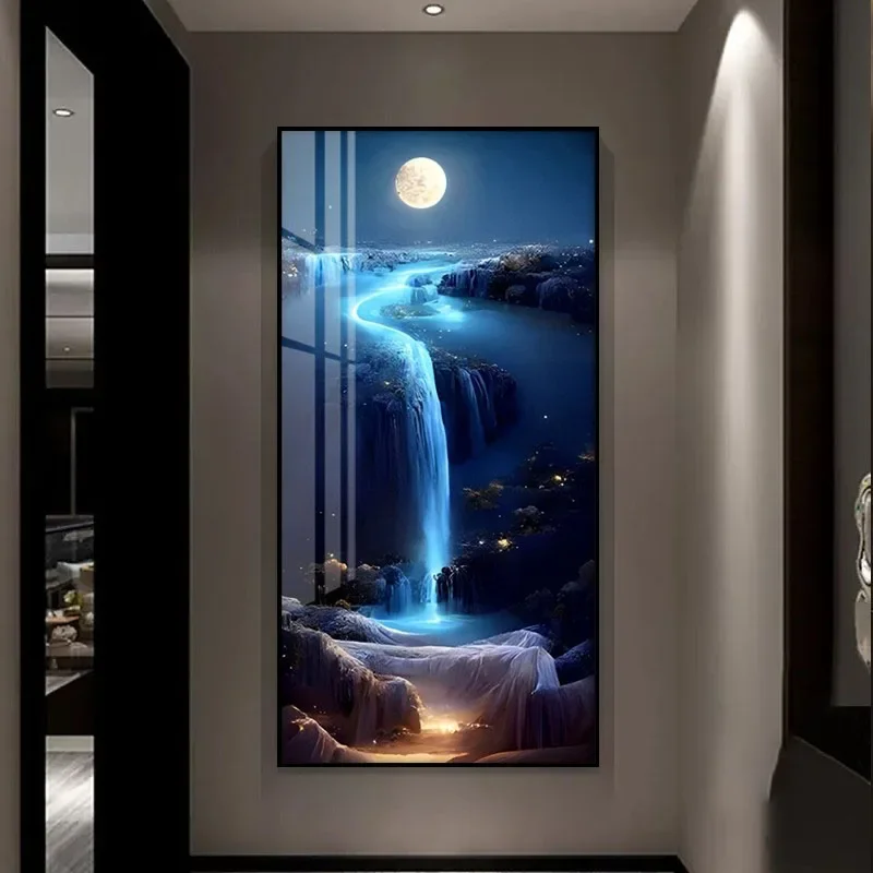 Light Luxury LED Abstract Crystal Porcelain Vertical Mural Light | Entrance/Corridor End Illuminated Painting Decor